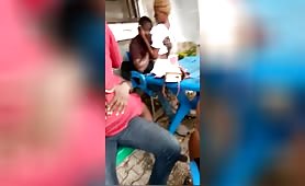 Public sex with an African slut who gets on top of her partner and rides his cock. The slut without undressing but without panties takes it from underneath her pussy. Another whore also gets horny and she too starts riding her partner.