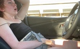 Office secretary redhead slut masturbates roughly her juicy hairy clitoris inside of the car before getting on the work + Huge orgasm