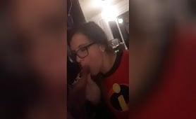 This busty brunette whore rides and sucks a man's cock who offered her candy during tricker treating