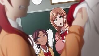 These three hentai schoolgirls fuck this boy after they caught him masturbating