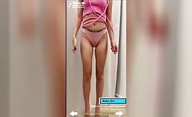 A TikTok "Choose your character" challenge with a skinny brunet slut is standing wears a red T-shirt with "why not" subtitle while the dirty bitch is jumping and showing in different outfits.